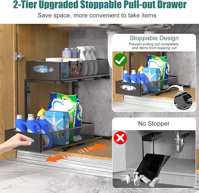 Housolution 2 Pack Under Sink Organizer, 2 Tier Metal Pull Out Under Sink - Image 4