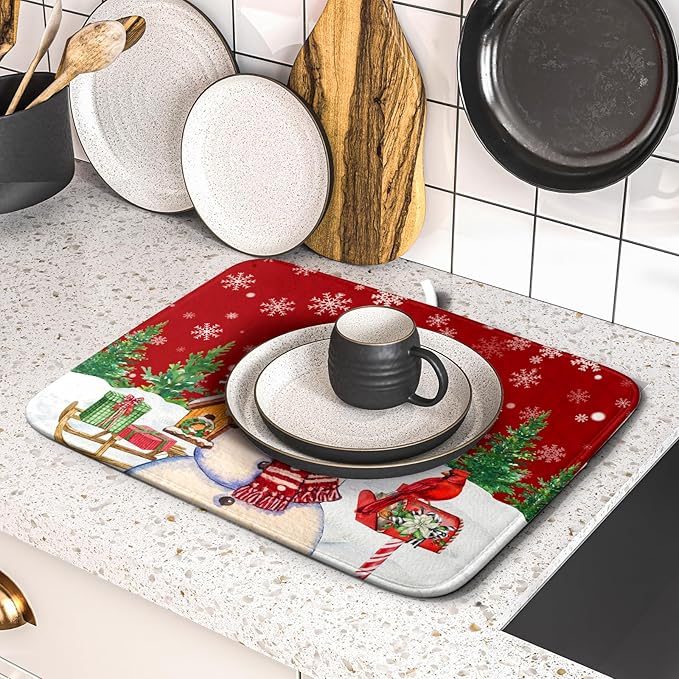 Winter Snowman Dish Drying Mat Red Bird Microfiber Dish Pad 16x18 Inch - Image 5