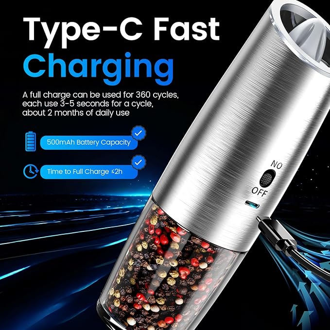 MealHelper Rechargeable Gravity Electric Salt and Pepper Grinder Set - Image 5