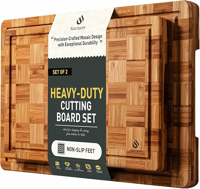 2 Pack Heavy Duty Bamboo Cutting Board Set Non Slip Over Sink Solid End Grain by Socisen