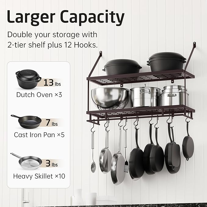 KES 30-Inch Oiled Bronze Pot Rack Wall Mounted, 2-Tier Hanging Pot and Pan - Image 3