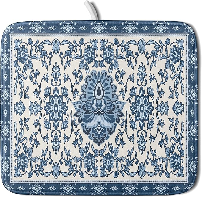 Blue Floral Dish Drying Mat for Kitchen Counter 16x18 Chinoiserie Flower Print by Aytipun