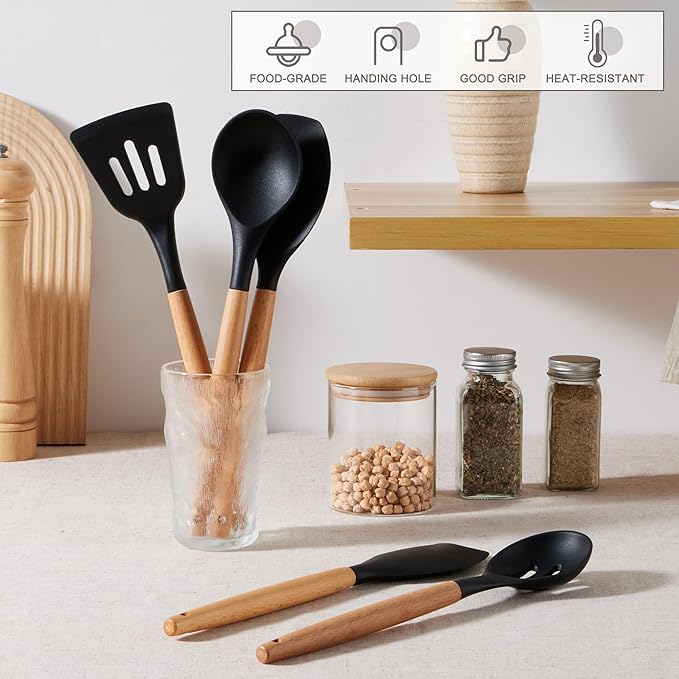 E-far Silicone Cooking Utensils Set, 10-Piece Black Kitchen Utensils Set - Image 5