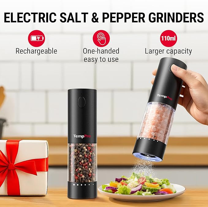 TempPro Electric Salt and Pepper Grinder Set Rechargeable, 110ml Automatic - Image 6