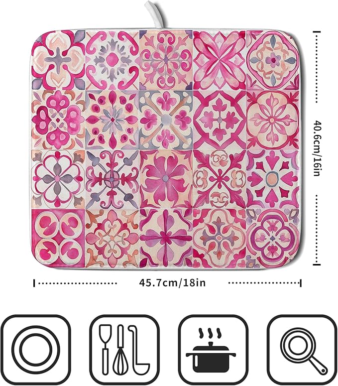 Pink Mexican Tiles Dish Drying Mat Absorbent Microfiber Dish Drying Pad - Image 2