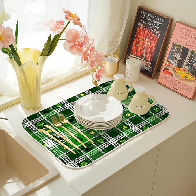 St Patricks Day Dish Drying Mat 18x24 Inch Green Lucky Shamrock Buffalo Plaid - Image 7