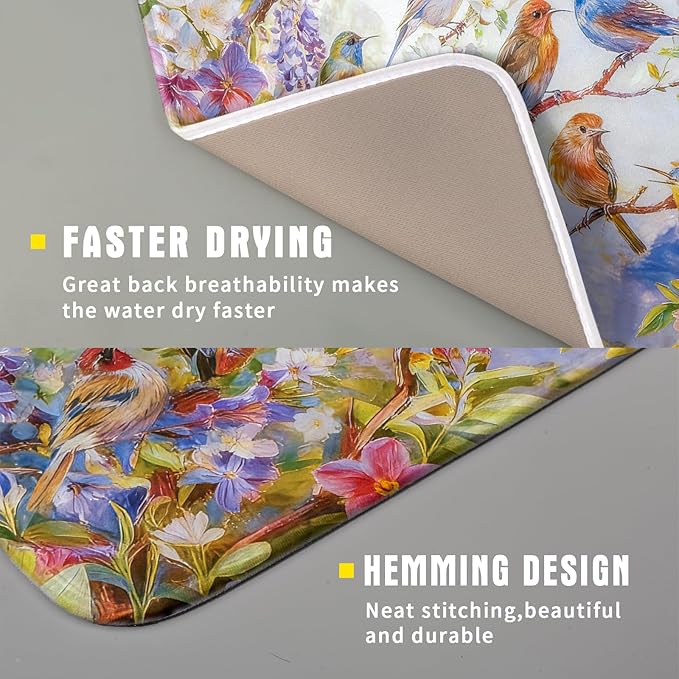 Spring Bird Dish Drying Mats for Kitchen Counter Floral Small Dish Drying Pad - Image 3