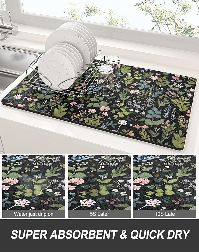 Rnivvi Dish Drying Mat for Kitchen Counter, 12 x 19" Cute Flower Theme Super - Image 3