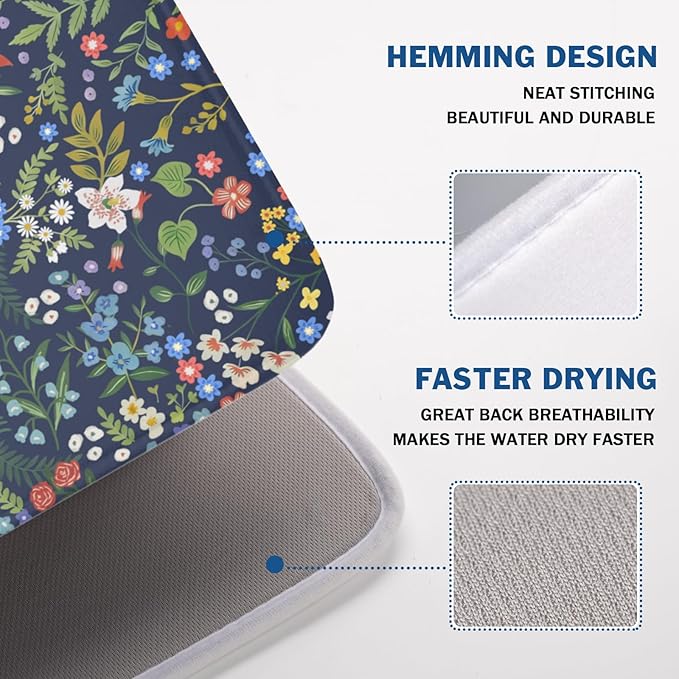 Flower Floral Dish Drying Mat 18x24 inch Microfiber Navy Blue Drying Mats - Image 7