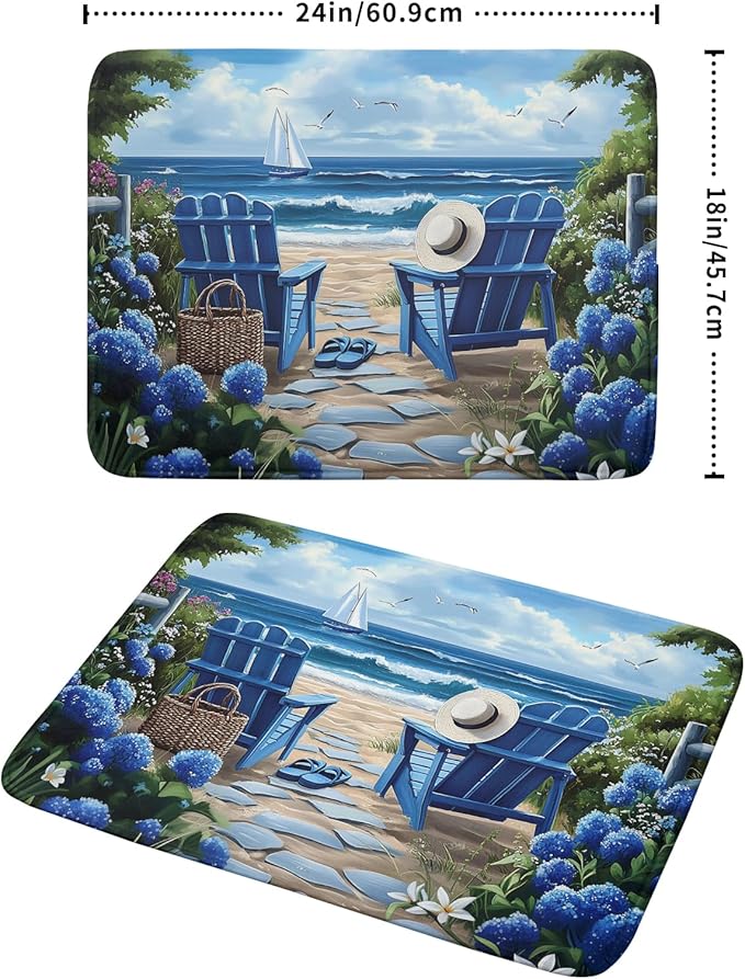 Summer Beach Dish Drying Mat 18x24 Inch Sea Shells Flowers Kitchen Mats Blue - Image 2