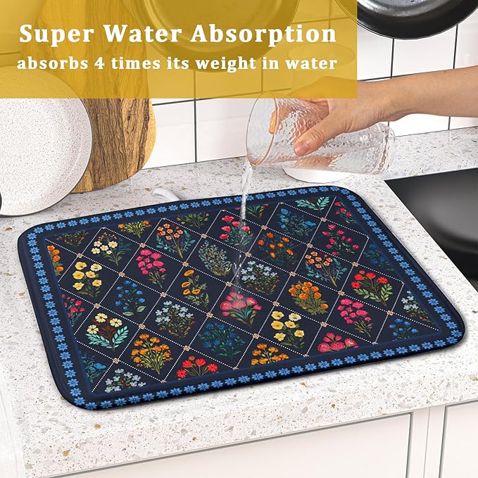 Lapis Blue Dish Drying Mat for Kitchen Counter Flowers Microfiber Absorbent - Image 7