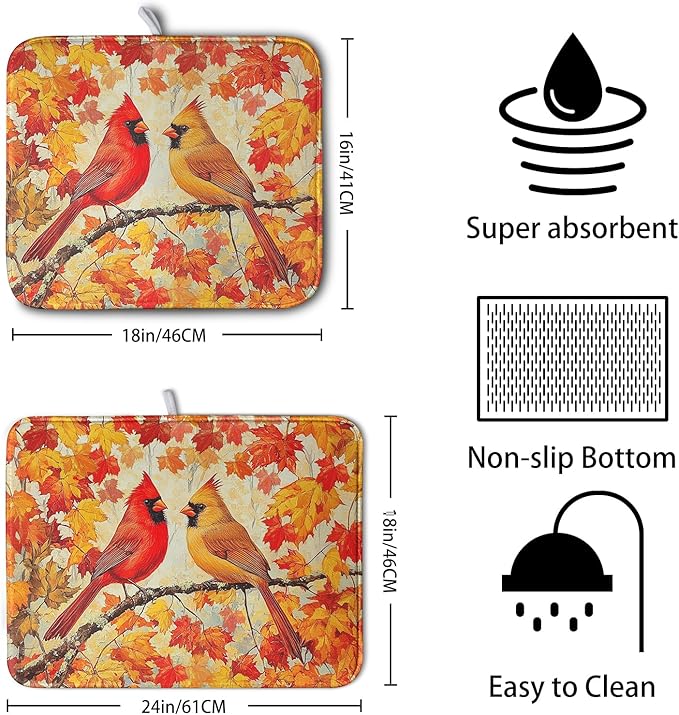 Fall Dish Drying Mats for Kitchen Counter Maple Leaf Cardinal Birds Dish - Image 2