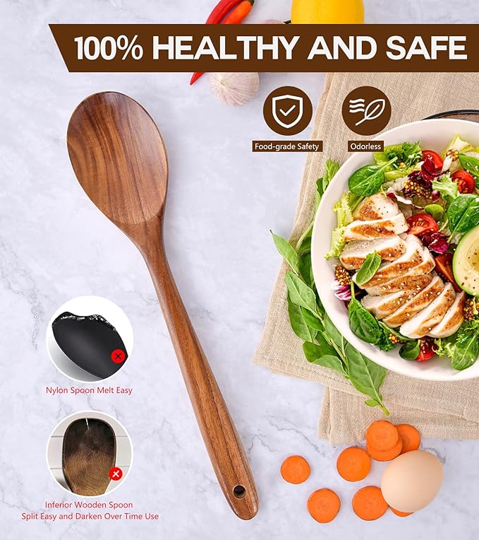 Wooden Spoons for Cooking, Natural Premium Teak Wooden Spoons, Good Grip Large - Image 5