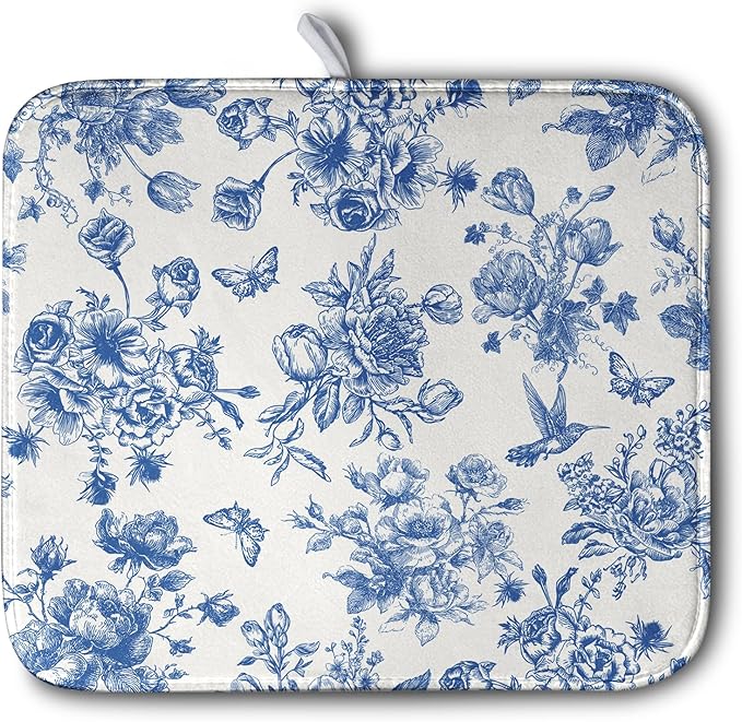 Dish Drying Mat for Kitchen Counter Blue and White Floral Drying Mats by Kwlegh