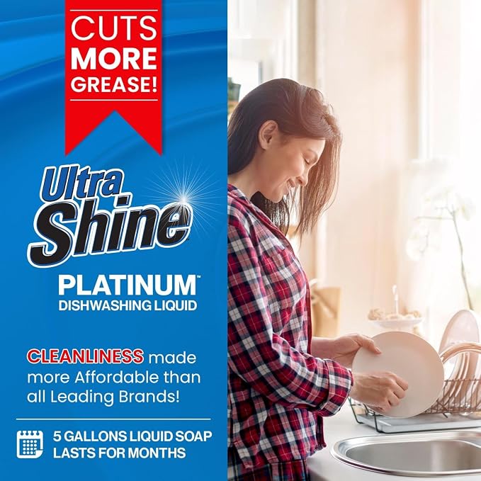Ultra Shine 2 Pack 3X Platinum Bulk Dishwashing Liquid, Powerful Grease Remover, 5-Gallon - Concentrated Dish Cleaner Soap for Commercial Kitchens, Restaurants & Home Cleaning, Gentle on Hands & Skin