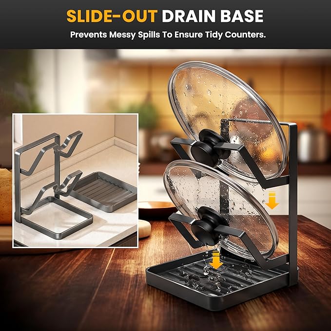Pot Lid Holder with Removable Drip Tray, Kitchen Pot Lid Storage Rack - Image 7