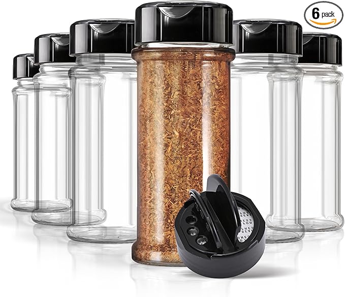 6 Pack 5.5 oz Round Plastic Spice Jars, Empty Seasoning Containers by StockYourHome