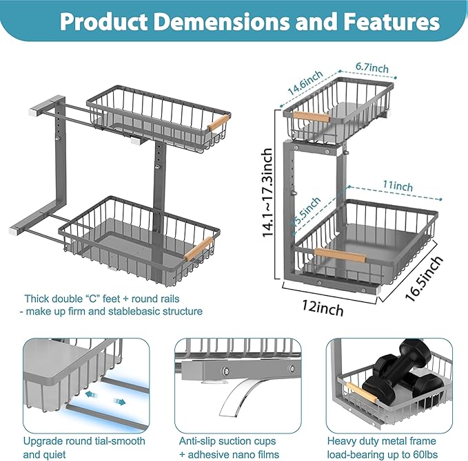 Liuoud Under Sink Organizer 2 Pack, 2 Tier Slide Out Large Capacity Height - Image 6