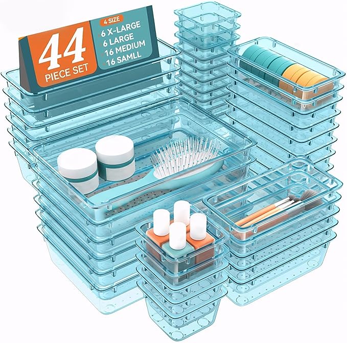 WOWBOX 44 PCS Clear Plastic Drawer Organizer Set, 6 Varied Size storage Bins by WOWBOX
