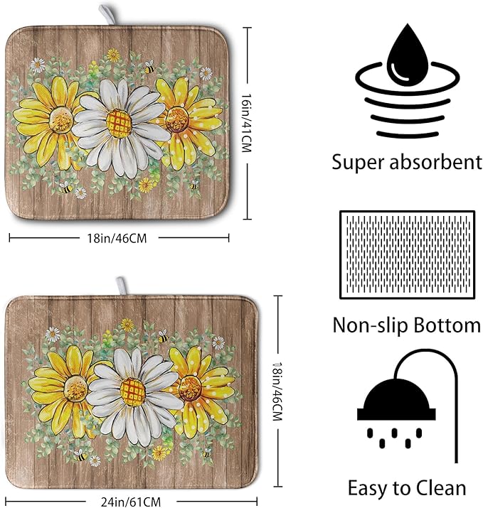Rustic Daisy Floral Dish Drying Mat - Image 2