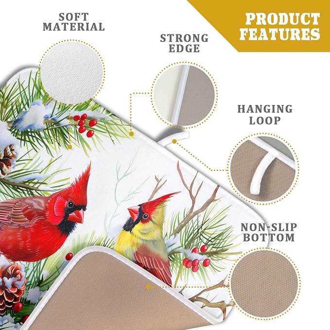 Giwawa Red Birds Dish Drying Mat, Xmas Tree Branch Holly Red Berries Dish - Image 4