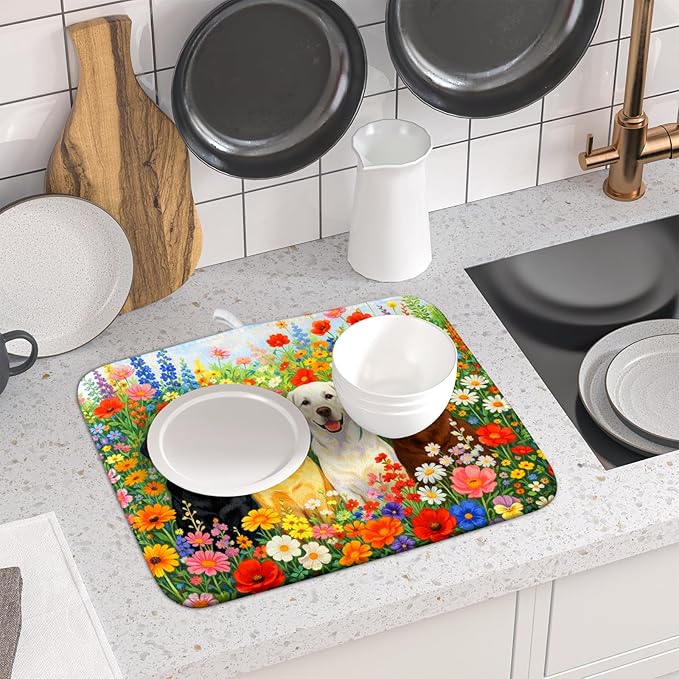 Flower Dog Dish Drying Mat Spring Floral Microfiber Absorbent Dish Drying Pad - Image 6
