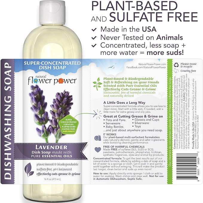 Natural Flower Power Liquid Dish Soap | Lavender 16 Fl Oz | Pack of 3 | Plant-Based & Scented w/ Pure Essential Oils | Natural Liquid Dishwashing Detergent | Sulfate-Free Kitchen Soap | Vegan