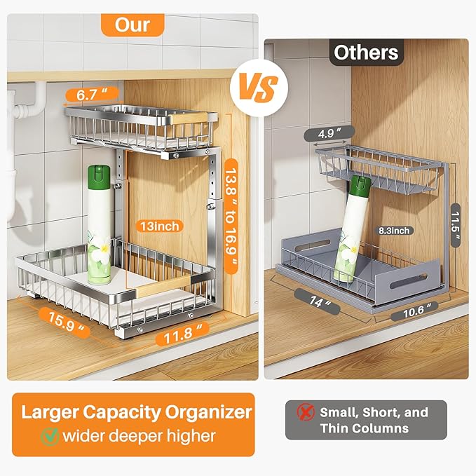 PXRACK Under Sink Organizer, Adjustable Height, 2 Tier Pull Out Cabinet - Image 2