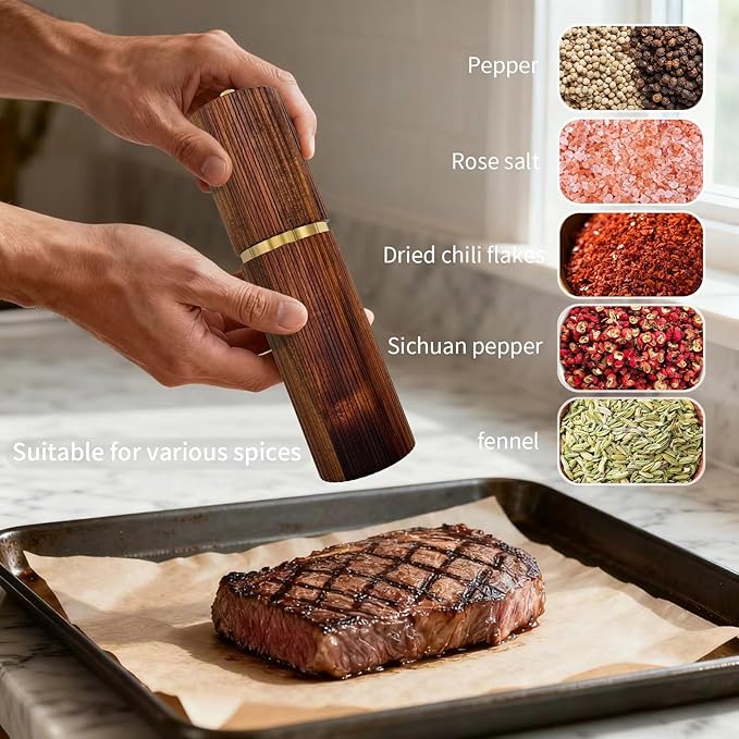 8 Inch Wooden Salt and Pepper Grinder Set, Adjustable Coarseness, Acacia Wood - Image 3