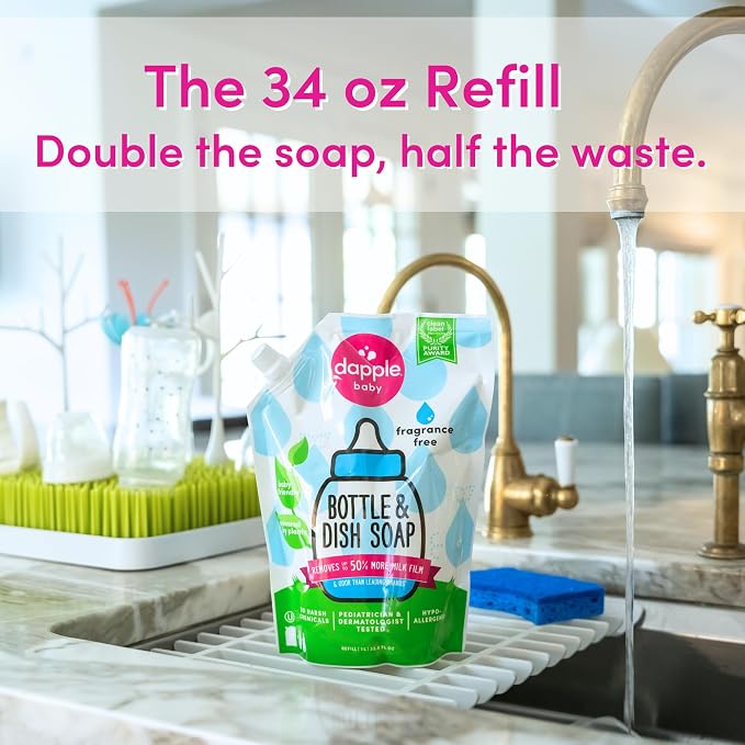 Dapple Baby Fragrance-Free Bottle & Dish Soap Refill Pouch - (2 Pack) 33.8 fl oz - Plant-Powered Cleaner for Baby Bottles, Pump Parts, and Sippy Cups
