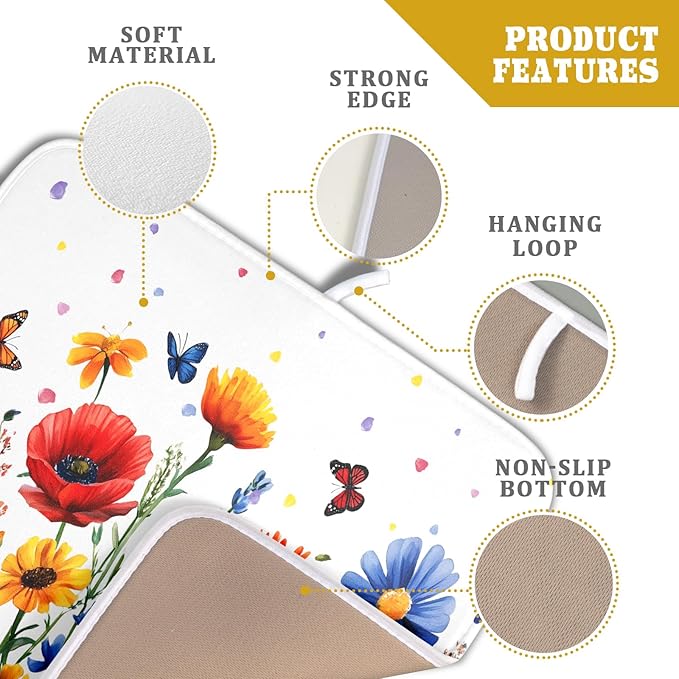 Watercolor Flower Dish Drying Mat 16x18 Inch Floral Butterfly Dish Drainer - Image 4
