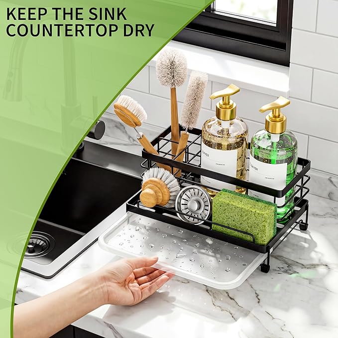 Cisily Black Sponge Holder for Kitchen, Sink Caddy Sink Organizer Rack for - Image 4