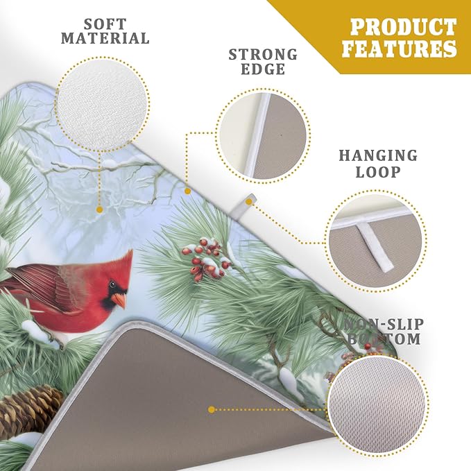Winter Dish Drying Mat for Kitchen Counter Cardinal Birds Pine Trees Festival - Image 4