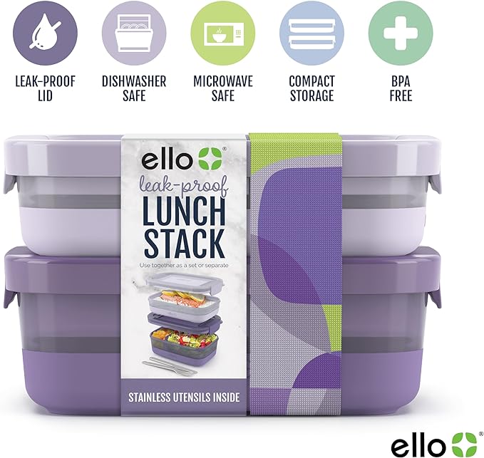 Ello 2-Pack Bento Box Lunch Stack Plastic Food Storage Container | Leak-Proof - Image 3