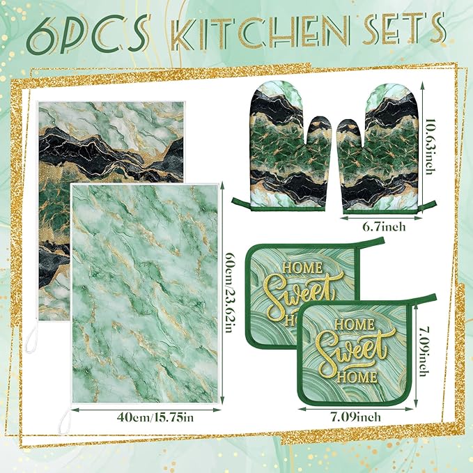 Bencailor 6 Pcs Marble Kitchen Decor Gold Pot Holders Oven Mitts 2 Dish Towels - Image 3