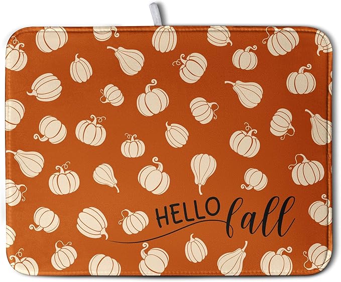 Hello Fall Drying Mat for Kitchen Counter Autumn Orange Pumpkin Dry Dish Mat by Kwlegh