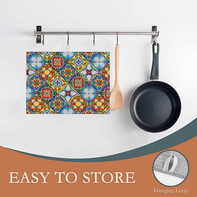 Mexican Tile Dish Drying Mat, Boho Tradicion Drying Rack Pad Countertop Dishes - Image 3