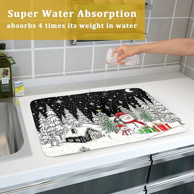 Winter Snowman Dish Drying Mat 24 X 18 in Black Microfiber Dish Pad Absorbent - Image 7