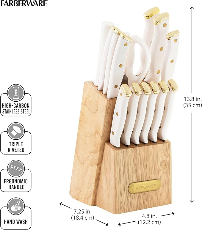 FARBERWARE 15-Piece Knife Block Set, Triple-Riveted High-Carbon Stainless Steel - Image 3