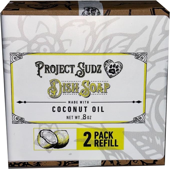 Project Sudz Solid Dish Soap | Made with Coconut Oil | 4 oz Reusable Tin or 2 Pack Refill | Zero Waste, Long-Lasting, Non-Toxic Grease Cutter (2 Pack Refill in Box)