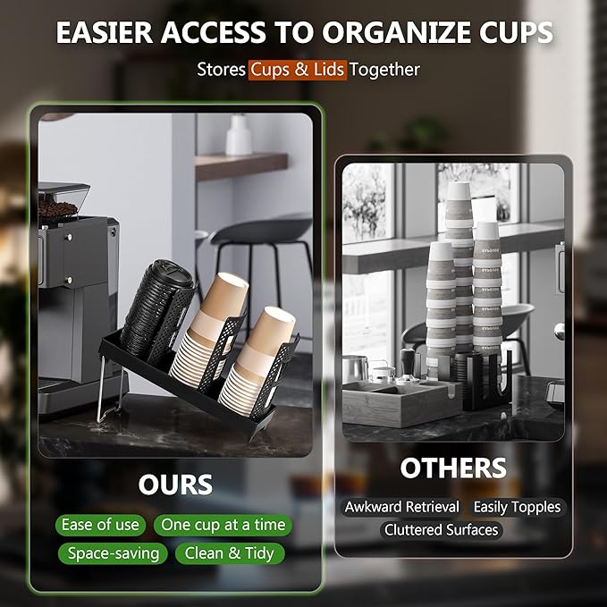 Paper Cup and Lid Holder, Disposable Coffee Cup Dispenser, 3-Slot Upright Paper - Image 4