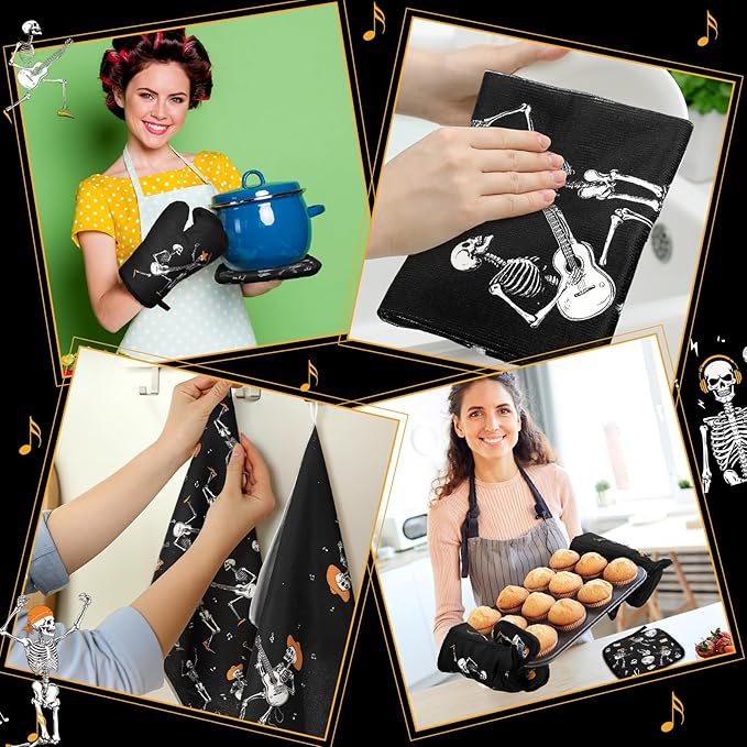 Leinuosen 8 Pcs Skull Kitchen Decor Set Kitchen Towels Gothic Oven Mitts and - Image 5