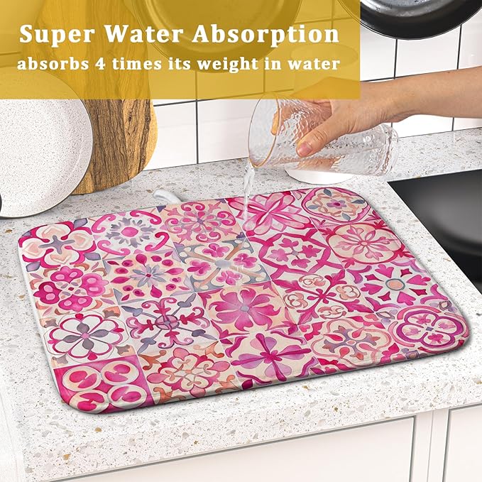 Pink Mexican Tiles Dish Drying Mat Absorbent Microfiber Dish Drying Pad - Image 7