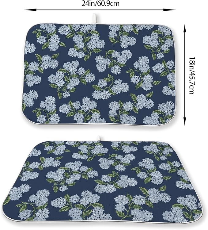 Navy Blue Dish Drying Mat 18x24 Inch Blue Green Vintage Floral Hydrangea Flower - Image 2