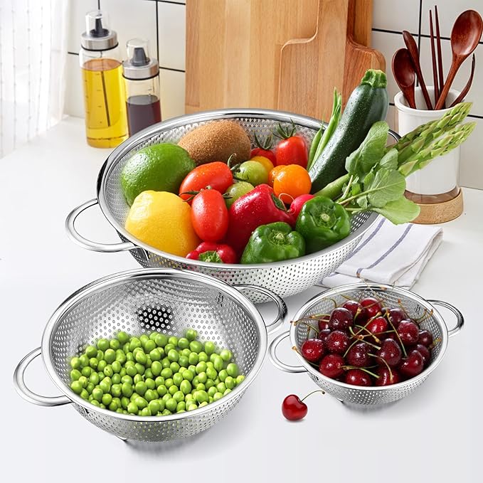 E-far Stainless Steel Colander Set of 3, Micro-Perforated Metal Colander - Image 6