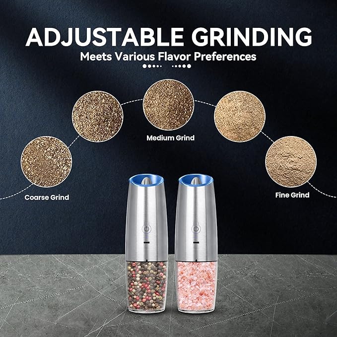 UNNEES Rechargeable Electric Salt and Pepper Grinder set of 2, gravity electric - Image 3