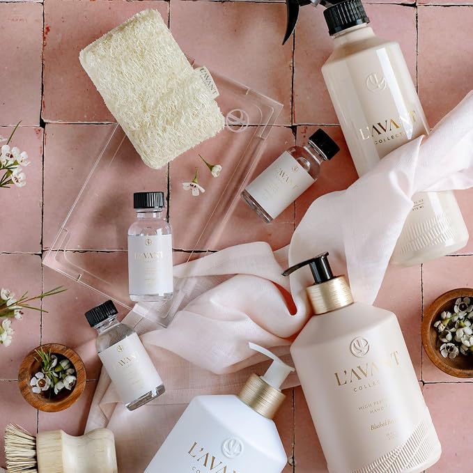 L'AVANT Collective The Ultimate Dish Wash Duo, Natural Luxury Dish Soap 16 Fl Oz with Refillable Glass Pump Bottle & 2 Loofah Dish Sponges for Pots, Pans, Dishes and Kitchen Cleaning, Blushed Bergamot