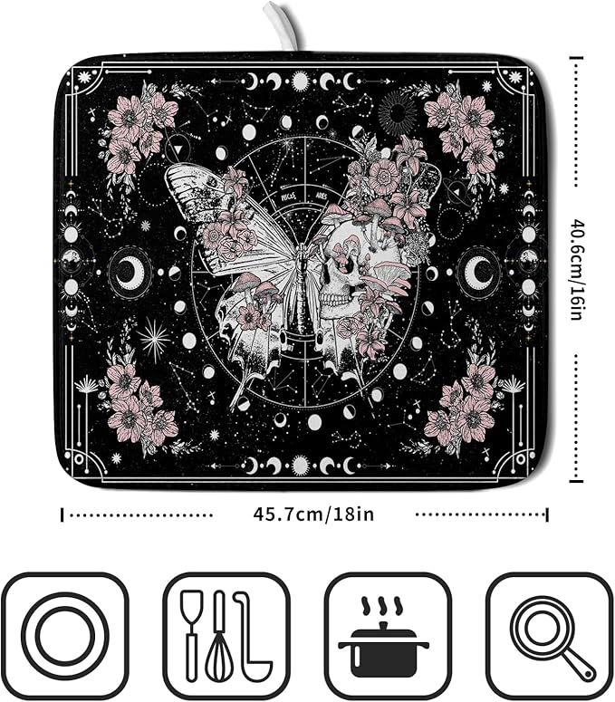 Skeleton Butterfly Dish Drying Mat Black Skull Absorbent Dish Drainer - Image 2