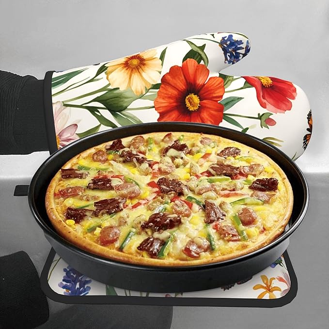 Cute Oven Mitts and Pot Holders Sets Poppy Daisy Flowers Kitchen Gloves - Image 3