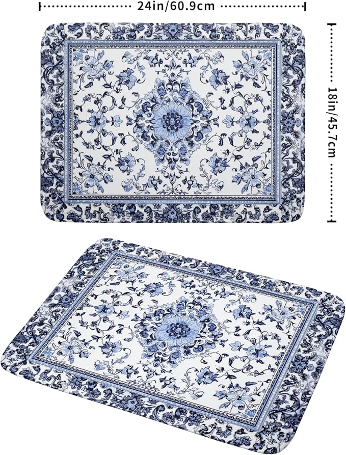 Boho Floral Dish Drying Mat 18x24 Inch Blue Leaves Kitchen Drying Pad - Image 2